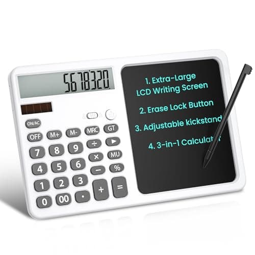 Desk Calculator with Writing Pad, Widescreen Extra-Large LCD Display, 12-Digit Calculator, Solar & Battery Dual Power Supply, Desktop Calculator with Ergonomic Viewing Angle for Office, School (White) - Image 1