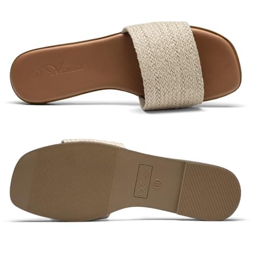 Athlefit Women's Raffia Flat Sandals Square Open Toe Comfortable Slip On Summer Beach Casual Slide Sandals Size 8 - Thumbnail 5