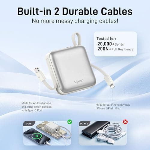 VINKO Small Portable Charger, 22.5W Fast Charging Mini Power Bank 10000mAh with Built-in Cables, Travel Essential USB-C Battery Pack Compatible with iPhone 17/16/15, Samsung S25/24, Android (White) - Thumbnail 3