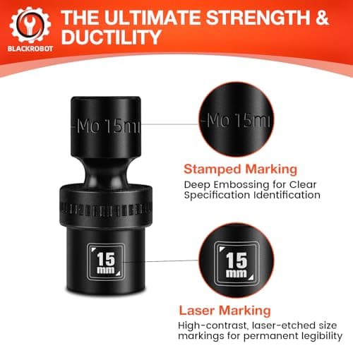 BLACKROBOT 3/8" Drive Shallow Universal Impact Socket Set, 12PCS 6 Point Metric Swivel Socket set(10-22mm), CR-MO Steel, Includes Storage Rail - Thumbnail 5