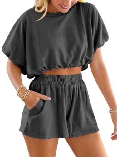 Jenisso Women Summer 2 Pieces Shorts Sets Bubble Crop Tops Casual Loose Outfits Comfy Lounge Sets light black - Image 1
