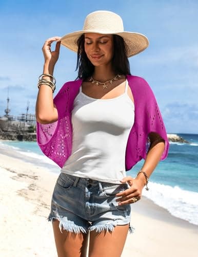 BB&KK Women's Crochet Cardigan Kimono Boho Short Sleeve Lightweight Soft Open Front Knitted Bolero Shrugs S Purple - Thumbnail 2