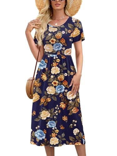 Heymoments Midi Dress for Women Floral Print X-Large Wedding Guest A line Crewneck Short Sleeves Casual Flowy Swing Cocktail Slimming Birthday Party Summer Travel Long Midi Dresses - Image 1