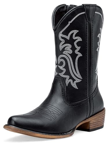 Jeossy Women's Black Cowboy Boots, Western Cowgirl Mid-Calf Pull on Round Toe Embroidered Country 9806 Boots with Zipper Size 11 (DJY9806 black 11) - Image 1