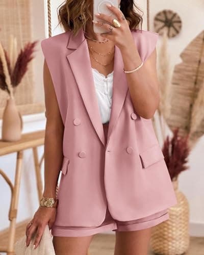 KIRUNDO Womens Suits 2 Piece Set Casual Fashion Dressy Cute Pink Sleeveless Long Blazer and Shorts Sets Outfits Matching Summer Office Clothes(Pink, Small) - Thumbnail 2