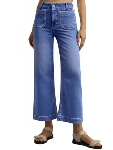 Tankaneo Wide Leg Jeans for Women Trendy High Waisted Flare Stretchy Jeans Cropped Baggy Denim Pants with Front Patch Pockets Royal Blue - Image 1