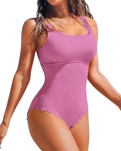 Charmo Square Neck Scalloped One Piece Swimsuit Women Modest Retro Ribbed 1 Piece Bathing Suits Pink L - Image 1