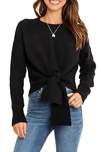Okiwam Women's Long Sleeve Cropped Sweaters Casual Knit Pullover Tie Front Crew Neck Fall Outfits Spring Fashion Clothes 2026-S Black - Image 1