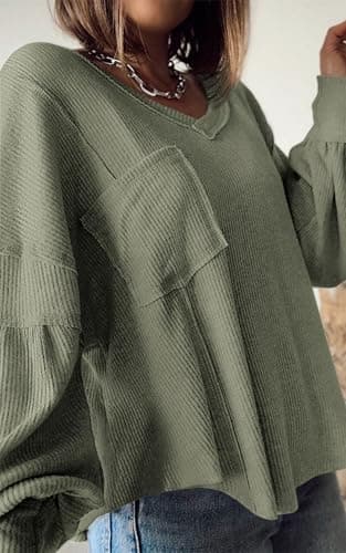 BTFBM Womens Fall Fashion 2026 Long Sleeve Shirts Casual V Neck Ribbed Knit Blouses Pullover Trendy Loose Fit Tunic Tops(Bean Green, Large) - Thumbnail 4