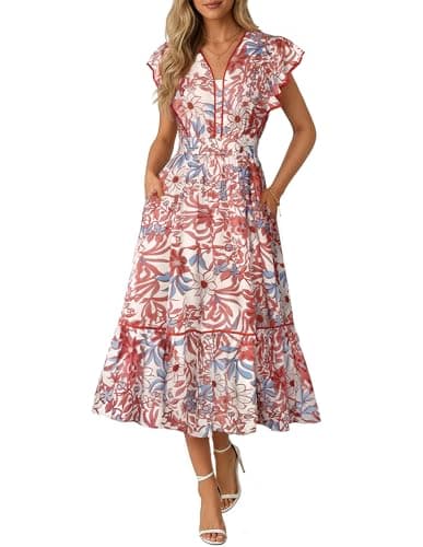 GRACE KARIN 2026 Summer Wedding Guest Dresses for Women Ruffle Sleeve Boho Midi Dress Smocked Flowy Floral Dress with Pocket Red Blue L - Image 1
