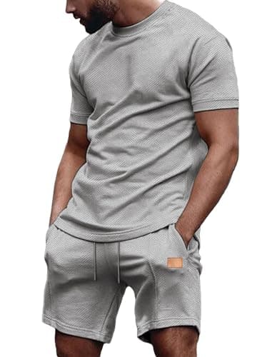 JMIERR Mens Loungewear Set Pajama 2 Piece Set Beach Summer Casual Short Sleeve Tee Shirts and Shorts Matching Sleepwear, 2XL, Grey - Image 1