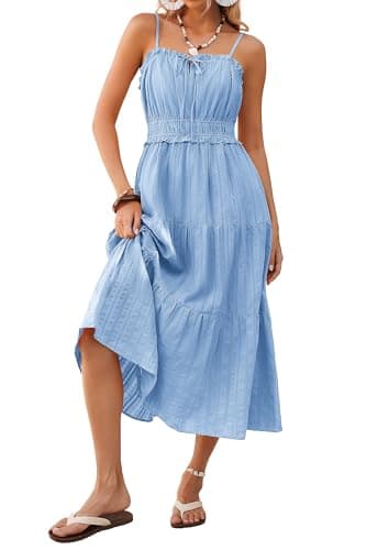 Summer Midi Backless Dress for Women 2026, Casual Beach Vacation Sleeveless Dress, Flowy Swing Boho Cotton Dress with Pockets Light Blue - Image 1