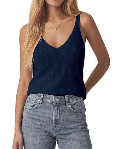 KIRUNDO V Neck Ribbed Knit Tank Tops for Women Sleeveless Sweater Vest Basic Camisole 2026 Summer Clothes Spring Outfits(Navy Blue, Small) - Image 1