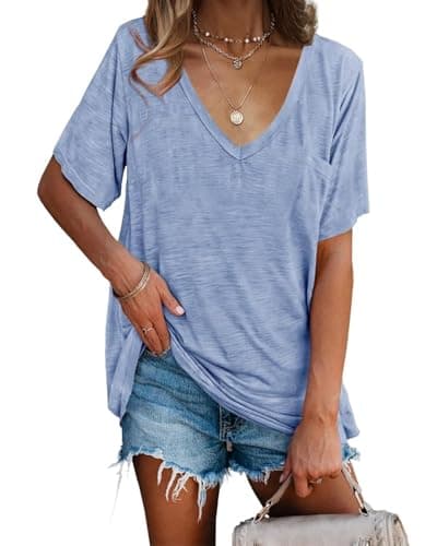 imesrun Womens Short Sleeve V Neck Tops Loose Casual Summer Solid Basic T Shirt Light Blue - Image 1