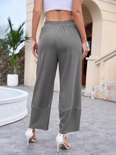 EGUGYDW Womens Baggy Wide Leg Pants Elastic High Waisted Palazzo Harem Trousers with Pockets Grey XXL - Thumbnail 4