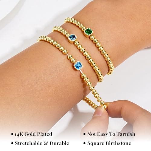 Turandoss Blue Birthstone Bracelets for Women - Trendy 14K Gold Plated Elastic Beaded December Created Tanzanite Birthstone Bracelet Birthday Jewelry Gifts for Women - Thumbnail 6
