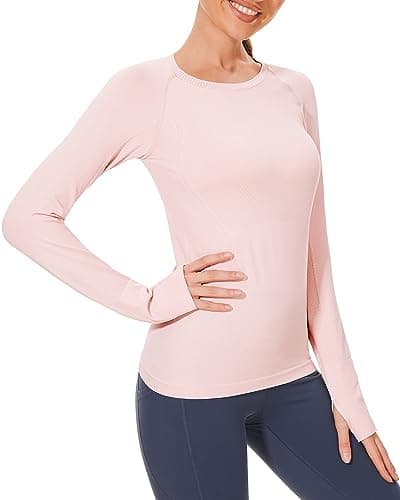 Stelle Womens Seamless Workout Top Yoga Athletic Shirt with Thumb Hole Breathable for Sports Running (Ballet Pink, L) - Image 1
