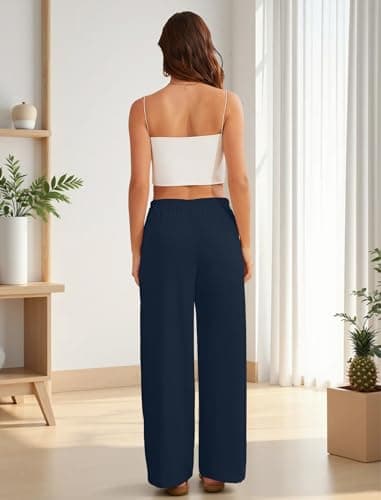 FireSwan Linen Pants Women Wide Leg Palazzo Pants Flowy Elastic Waist Summer Beach Casual Trousers with Pockets(Navy M) - Thumbnail 5