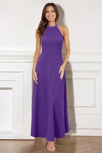 STYLEWORD Women's Summer Halter Neck Long Semi Formal Dress Sexy Sleeveless Cocktail Evening Party Wedding Guest Maxi Dresses 2026(Purple,M) - Thumbnail 4