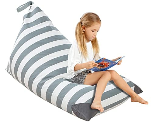 Aubliss Stuffed Animal Storage Bean Bag Chairs Cover, 50"x 35" Extra Large Bean Bags Chair for Kids Adults, Beanbag Toy Storage for Boys Girls - Premium Cotton Canvas Grey Stripe - Image 1
