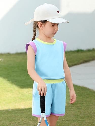XMWEALTHY Girl Clothes Summer Outfits Color Block Short Sleeves T-Shirt with Short Sets 2 PCS Toddler Girls Fashion Sweatsuit Blue 5-6T - Thumbnail 3