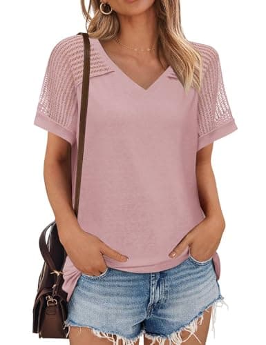 JUSTFASHIONNOW Cute Summer Tops for Women 2025 Trendy Short Sleeve Shirts V Neck Vintage Tees Casual Ladies Blouses Spring Outfits Pink S - Thumbnail 2