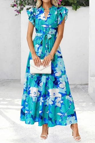 dowerme Women Summer Maxi Dresses 2026 Ruffle Sleeve V Neck Floral Boho Long Dress Belted Tiered Sundress with Pockets(Floral Blue Green,Large) - Thumbnail 3