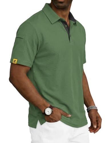 REXUHOWU Men's Polo Shirt Short Sleeve Moisture Wicking Sports Casual T-Shirt Golf Polo Shirt Business Collar Shirt for Men Green M - Thumbnail 2