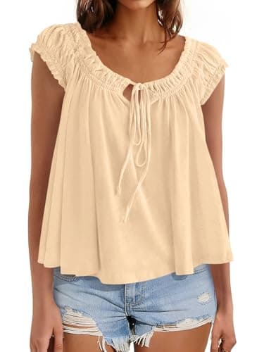 Beloyoni Womens Babydoll Tops Summer Tie Front Cap Sleeve Tank Top Dressy Casual Loose Fit Peplum Blouses Cute Flowy Shirts Beige XS - Image 1
