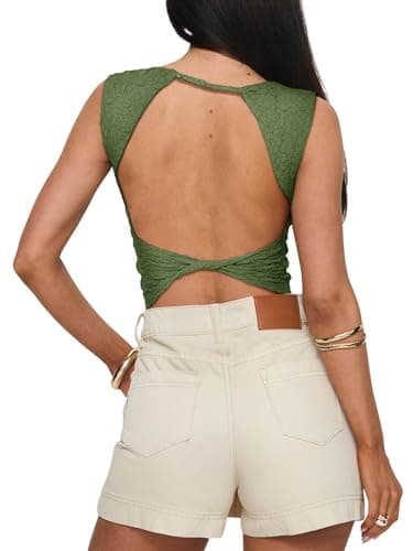 REORIA Women's Summer Sexy Open Back High Neck Sleeveless Tank Top Double Lined Y2k Lace Twist Backless Crop Tops Dark Green X-Large - Thumbnail 2