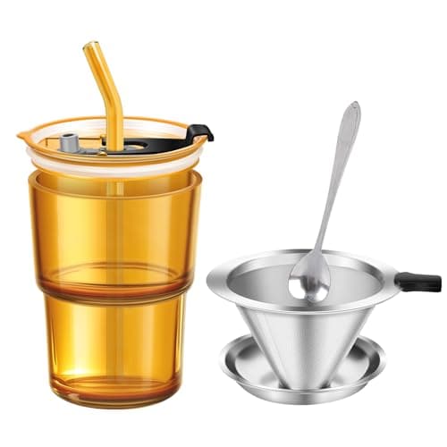 NANSPATH 380ml Single-Serve Full Immersion Coffee Brewer, Thick Glass Brewing Cup with Reusable 600-Mesh Stainless Steel Filter, Portable Hot Brew Maker with Lid, Straw & Stirring Spoon(Amber) - Image 1