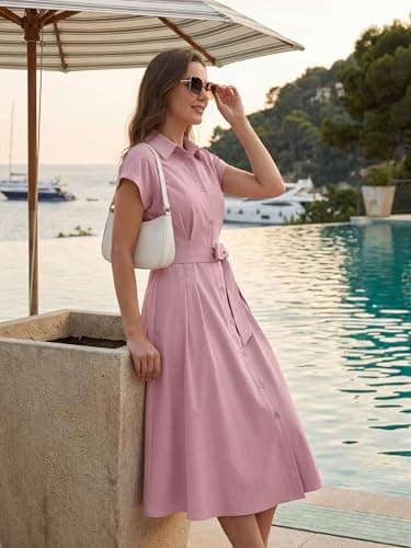 GRACE KARIN Womens Short Sleeve Shirt Dresses 2026 Summer Midi Button Down Dress Work Business Casual Dress with Pockets Pink 2XL - Thumbnail 3