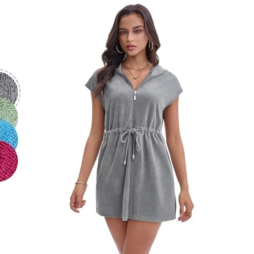 Navisting Terry Cloth Swim Cover Up for Women UPF 50+ Hooded Beach Swimsuits Cotton Robes Cover-up with Zipper Pockets Sun Protection Beach Swimwear Charcoal Gray M - Image 1