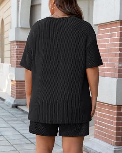 Charmo Plus Size Short Sets for Women 2 Piece Ribbed Short Sleeve Shirts Loose Fit Tacksuit Travel Summer Vacation Outfits Black 4X - Thumbnail 3