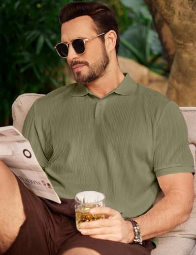 JMIERR Polo Shirts for Men Classic Short Sleeve Summer Casual Vintage Soft Button Old Money Knit Shirt, Laurel Green, XL - Thumbnail 3