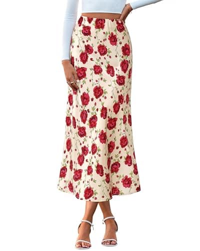 BTFBM Satin Skirts for Women Trendy Spring Summer 2026 High Waisted Leopard Print Cocktail Wedding Long Silk Midi Skirt(Floral Red, Large) - Image 1