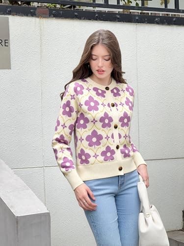 Saodimallsu Womens Flower Pattern Cardigan Lavender Sweaters Soft Long Sleeve Cardigans Vintage Button Knit Outwear 2025 - Thumbnail 3