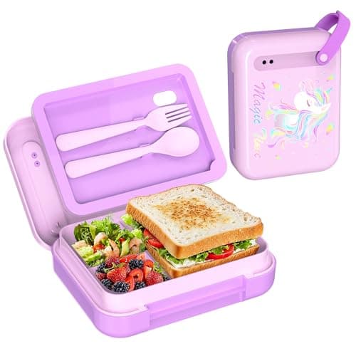 zoomzoobox Kids Bento Lunch Box for Boys & Girls 4-Compartment Leak-Proof Lunch Container with Hidden Silicone Handle, Lightweight, BPA-Free, 855ml for School & Travel, Unicorn - Image 1