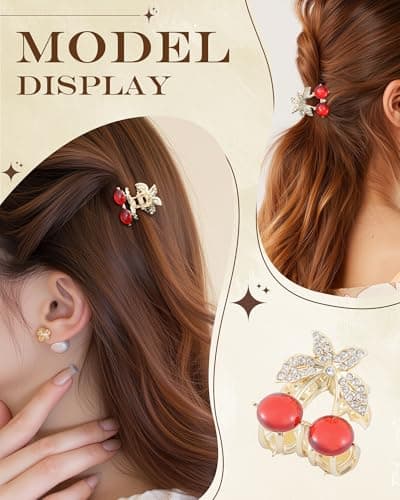 6PCS Rhinestones Cherry Small Hair Clips-Mini Claw Clips for Women, Metal Springs, Cute Hair Accessories for Updo and Half Up Styles (Crystal Cherry) - Thumbnail 5