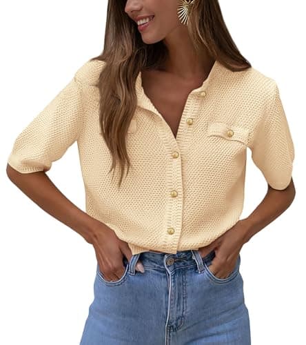 PRETTYGARDEN Women's Summer Button Down Shirts Casual Short Sleeve Crew Neck Ribbed Knit Blouse Top Cardigans (Beige,Medium) - Image 1