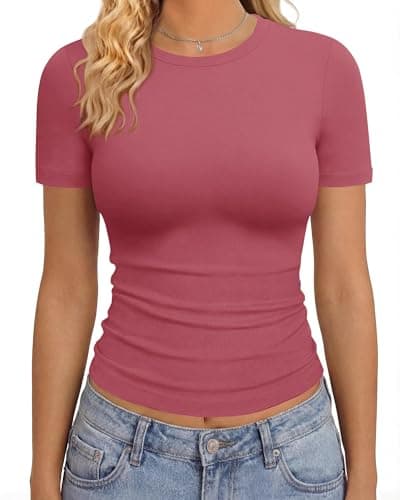 GAYHAY Marsala Red Shirts for Women - Slim Fit Short Sleeve Crop Top Crew Neck Casual Basic Tees Spring Summer Fashion Clothing 2026 - Image 1