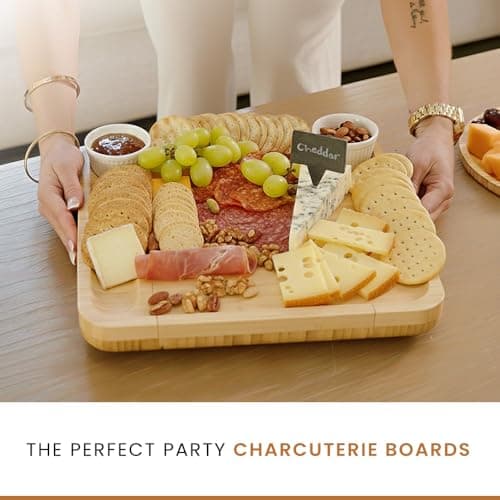 Leaf & Grain Charcuterie Board Set with Accessories Drawer - Real Bamboo Cheese Board & Stainless Steel Knife Set, Large Meat & Cheese Platter for Parties & Gifts - Natural - Thumbnail 5