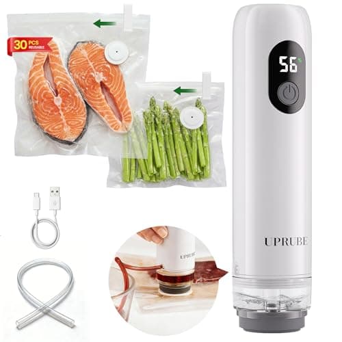 UPRUBE Compact Vacuum Sealer for Food (Vacuum Sealer Machine + 30 Reusable Vacuum Bags), Powerful Handheld Food Vacuum Sealer Machine with LED Display & Liquid Drainage Tube, Portable Food Sealer - Image 1