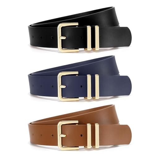 WOWOGO 3 Pack Women Leather Belt for Jeans Dresses Pants 1.3 inches Fashion Ladies Waist Belts Gold Silver Buckle - Image 1