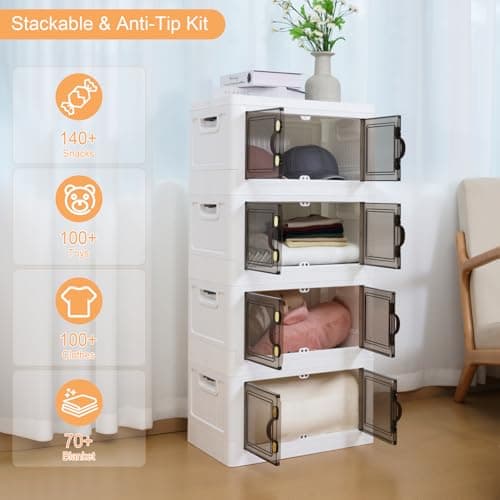 MOONEDGE 35QT Plastic Stackable Storage Bins with Lids, Collapsible Organizer with Magnetic Doors & Hidden Locking Handles, Storage Cabinet for Pet, Closet, Living Room, Pantry & Office Organization - Thumbnail 3