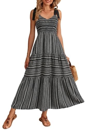 Dokotoo Women's Summer Maxi Dress Casual Boho Sleeveless Tie Strap Smocked 2026 Tiered Long Beach Sun Dresses Cruise Outfits,Black-Striped Large - Image 1