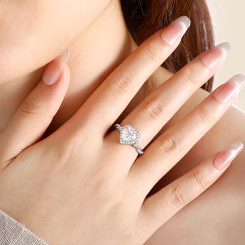 SILVERNANA 1.5ct Heart Cut Moissanite Engagement Ring for Women 925 Sterling Silver Twisted Vine Heart Halo Promise Ring Size 9.5 - Thumbnail 3