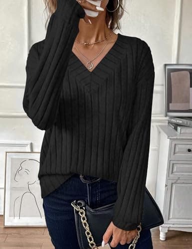 JUSTFASHIONNOW Long Sleeve Shirts for Women V Neck Basic Fall Tops Dressy Casual Blouses Comfy Pullover Winter Sweater 2025(Black,XX-Large) - Thumbnail 2