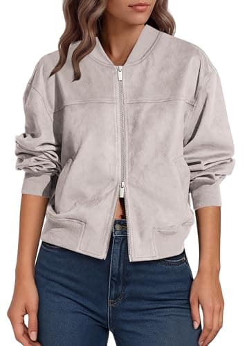 Lazysmile Women's Faux Suede Bomber Jackets Fall Fashion Outfits Winter Clothes Stand Collar Zip Up Coat Outwear with Pockets - Image 1