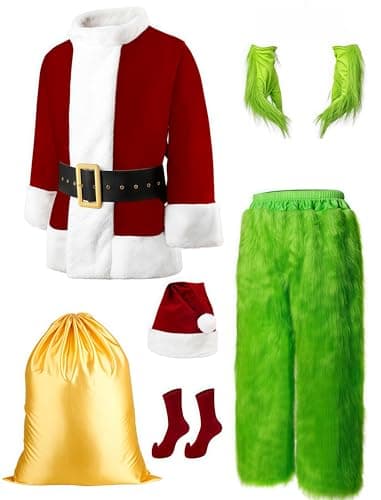 dgdgcool Christmas Green Costumes Adult, 8pcs Furry Santa Claus Costume for Men Funny Cosplay Santa Costume - Image 1